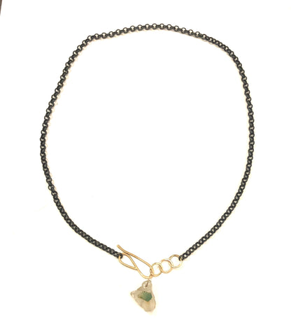 14K Gold Princess-cut Natural Emerald and Diamond Necklace
