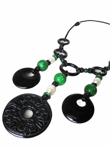 Cherry Quartz Beads Clear Crystal Disc, Black Agate, Black Chinese Silk Knots Necklace