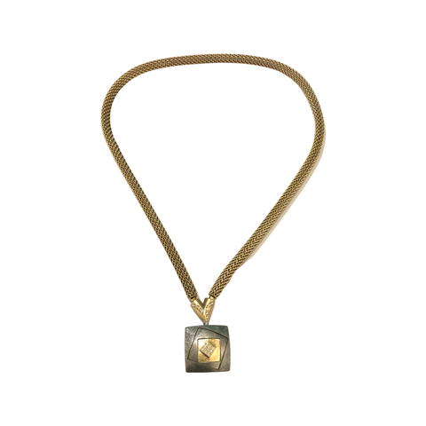 Diamond Square Pendant with Triangular Steel Connector on 18" Gold Mesh Chain
