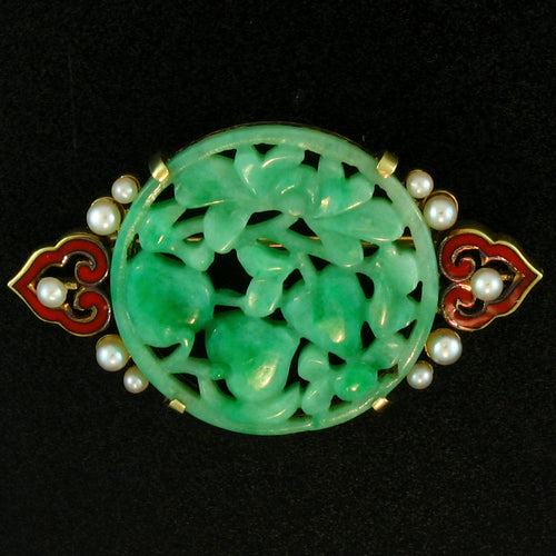 Estate Carved Green Jade Disc with Pearls and Enamel set in 14k yellow gold