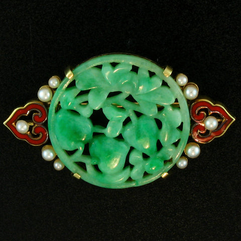 14k White Gold Green Jadeite Jade Carved Pendant