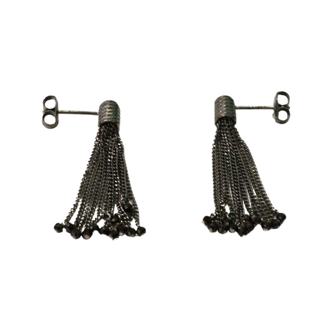 Oxidized Sterling Silver Tassel Earrings with Faceted Black Spinel Roundels 2.65"