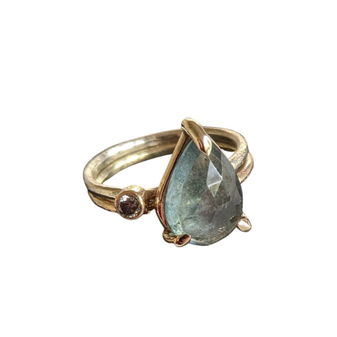 9 mm Round Green Amethyst 18k Gold Cup and Oxidised Silver Ring