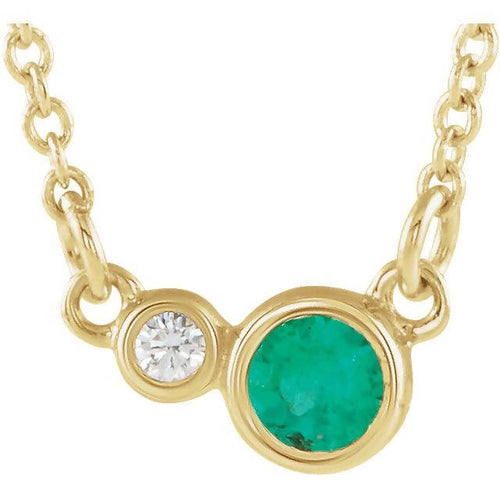 14k Gold 3 MM Natural Emerald and 0.02 Diamond Necklace