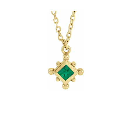 14k Gold 3 MM Natural Emerald and 0.02 Diamond Necklace