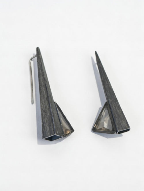 Smoky Crystal Triangle Earrings | Hand Etched Silver