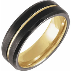 18K Yellow Gold PVD & Black PVD Tungsten 7mm Grooved Beveled Band