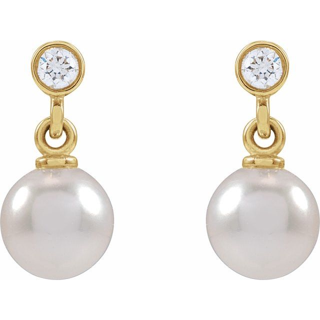 14K Yellow Cultured White Akoya Pearl & Natural Diamond Dangle Earrings