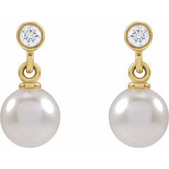 14K Yellow Cultured White Akoya Pearl & Natural Diamond Dangle Earrings