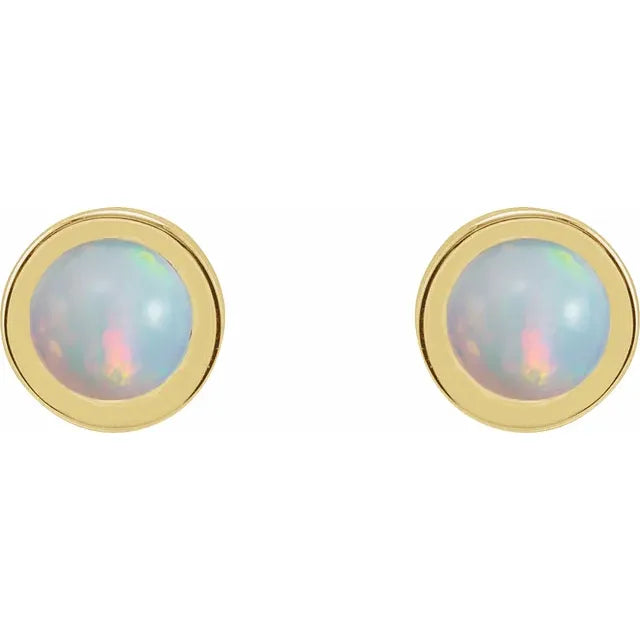 14k Gold Cabochon 4 mm Natural Rainbow Moonstone Bezel-Set Solitaire Stud Earrings