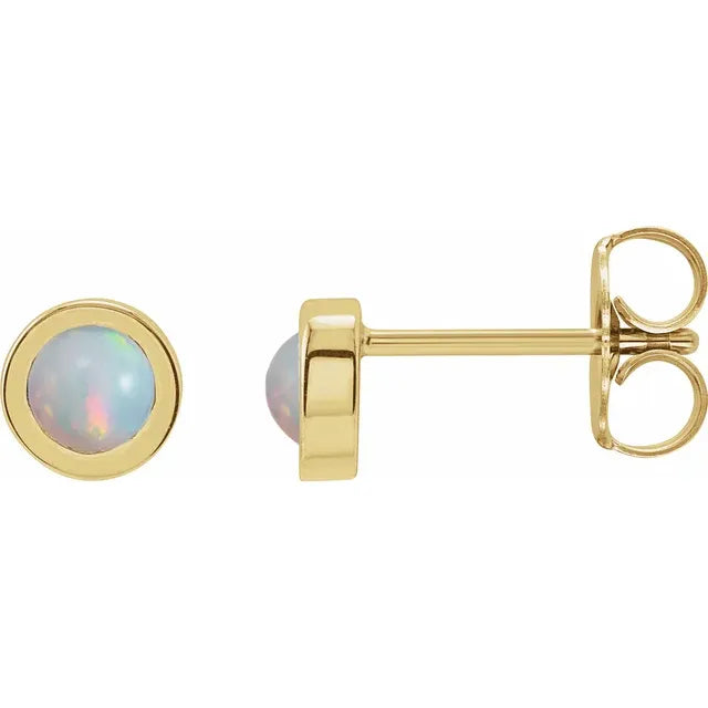 14k Gold Cabochon 4 mm Natural White Opal Bezel-Set Solitaire Stud Earrings