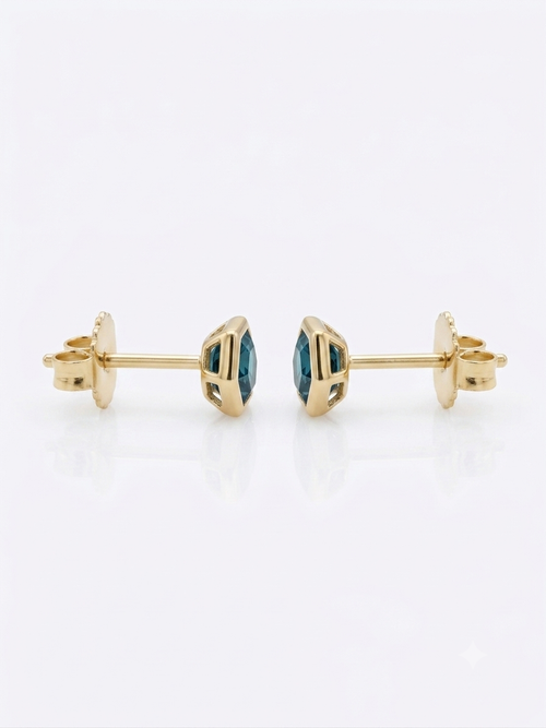 Teal Sapphire Hexagon Bezel Earrings | 18K Gold