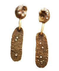 Ancient Path Dangly Post Earrings in 14K Yellow Gold with Moissanites and Textured Silver