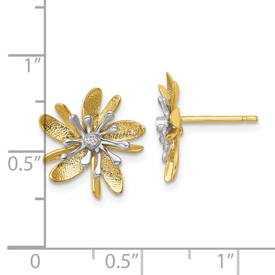 14K Two-Tone Polished and Textured Diamond Flower Post Earrings