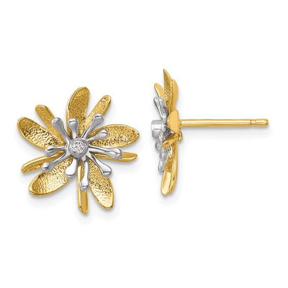 14K Two-Tone Polished and Textured Diamond Flower Post Earrings