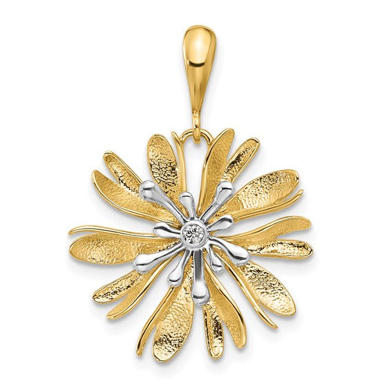 14K Two-Tone Polished and Textured Diamond Flower Pendant