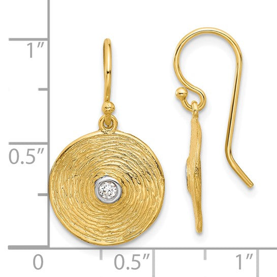 14K Textured Diamond Swirl Circle Shephard Hook Dangle Earrings