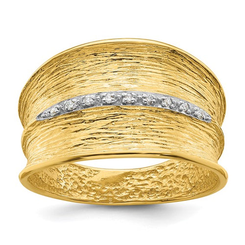 14k Yellow Gold Textured Concave Textured Diamond Ring