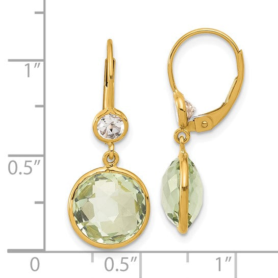 14K Gold 10 mm Round  Green Amethyst Earrings