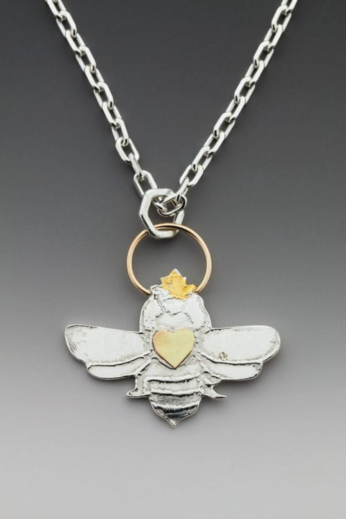 Queen Bee Pendant in Fine Silver & 14k Yellow Gold - Roller Printed, Hand Sawen, Fabricated & Metal Pendant