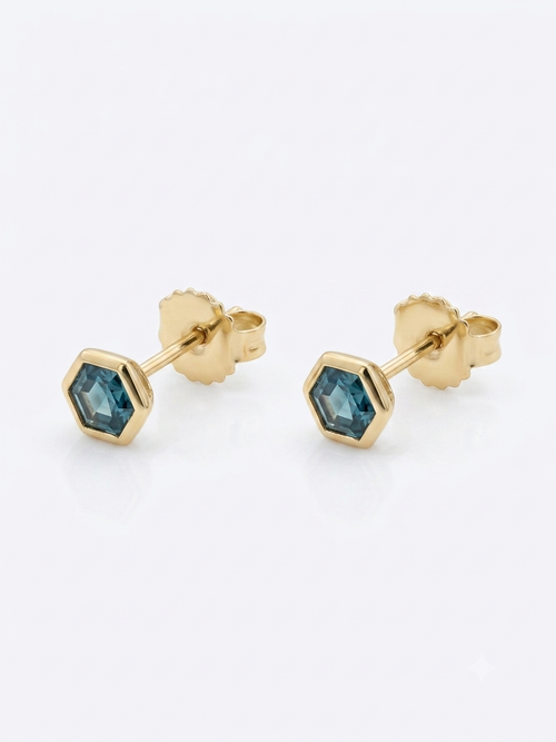 Teal Sapphire Hexagon Bezel Earrings | 18K Gold