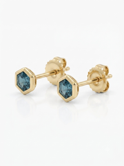 Teal Sapphire Hexagon Bezel Earrings | 18K Gold