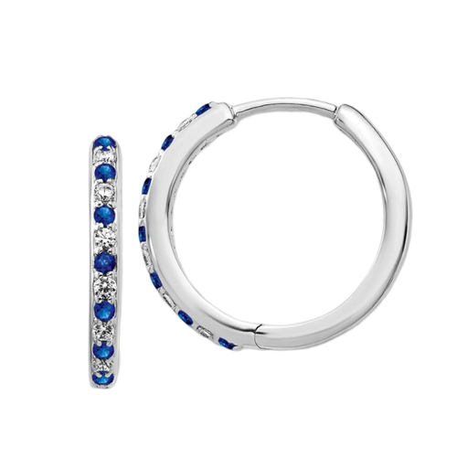 14k White Gold Diamond and Sapphire Hinged Hoop Earrings