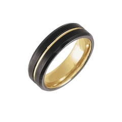 18K Yellow Gold PVD & Black PVD Tungsten 7mm Grooved Beveled Band