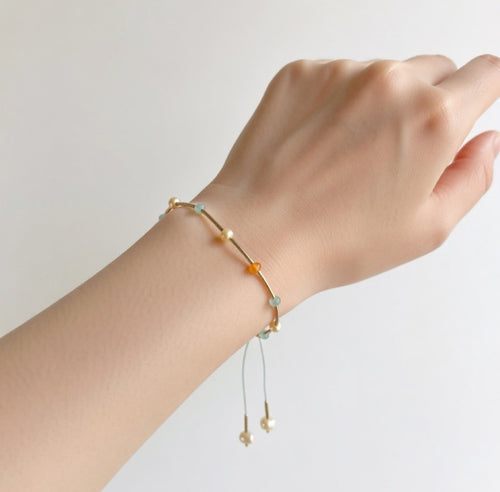 Multi-Gemstone Gold Filled Bracelet with Aquamarine, Sun Stone, and Pearls