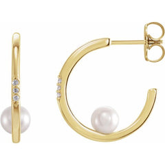 14K Gold Pearl Diamond Hoop Earrings