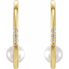 14K Gold Pearl Diamond Hoop Earrings