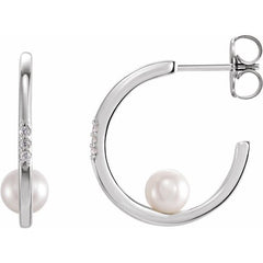 14K Gold Pearl Diamond Hoop Earrings