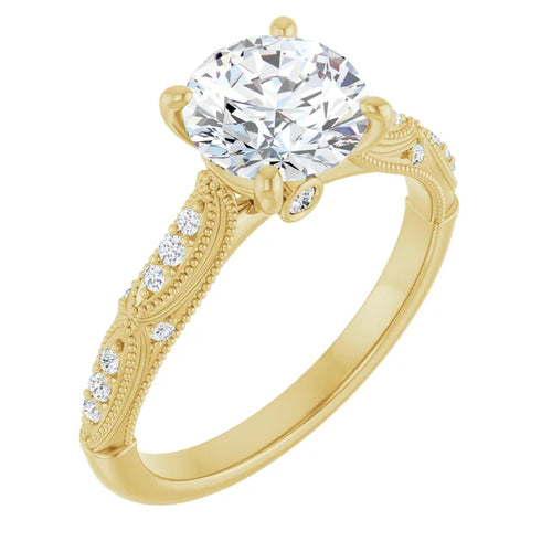 18K Yellow Gold 4-Prong Vintage Style Accent Engagement Ring (Custom)