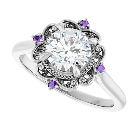 14K White Gold Lab-Grown  Purple Sapphire Floral Wedding Band