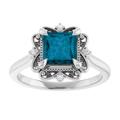 14K White Gold 6 mm Square Floral Engagement Ring with Blue Tourmaline