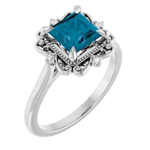 14K White Gold 6 mm Square Floral Engagement Ring with Blue Tourmaline