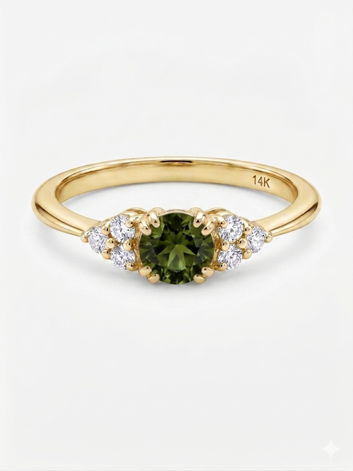 14K Yellow Gold 4.5mm Round Natural Green Sapphire  Engagement Ring