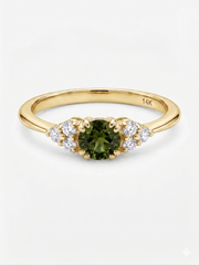 14K Yellow Gold 4.5mm Round Natural Green Sapphire  Engagement Ring