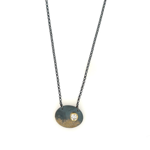 Primal Oval Pendant Set with Round Heirloom Diamond in 18K Gold and Oxidized Silver