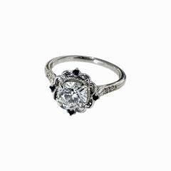 14K White Gold 1 CT Round Lab-Grown Diamond and Blue Sapphire Floral Engagement Ring