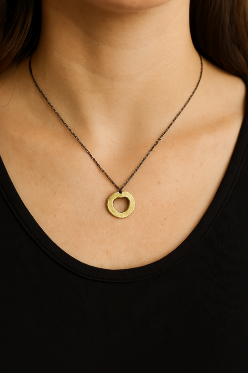 14k Yellow Gold Heart Pendant with Oxidized Silver Chain