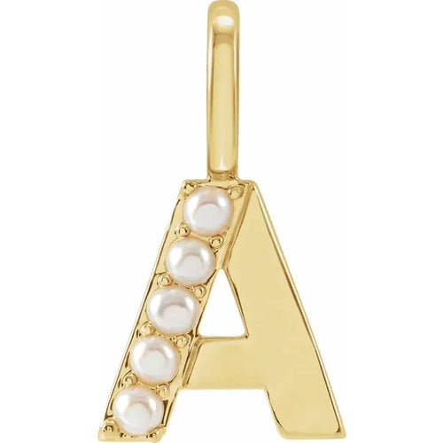 14K Yellow Gold Cultured White Freshwater Pearl Initial Charm Pendant