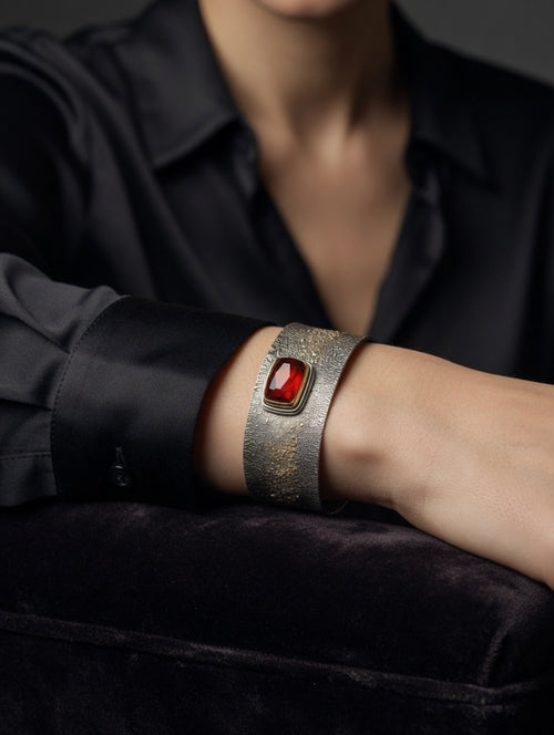 Garnet Silver Cuff | 18K Gold & Rose Cut Statement