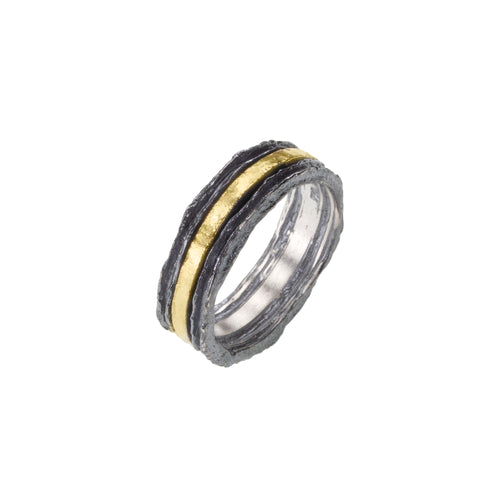 "Linear Elements" Rustic 7mm Band Ring in Silver & Gold