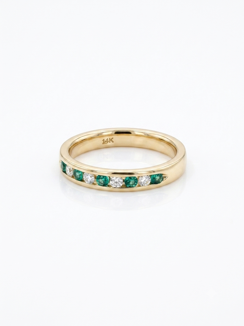 14k Gold Channel Set Green and White Stone Ring