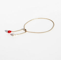 Red Coral Bracelet with Freshwater Pearls and Adjustable Gold-filled Chain