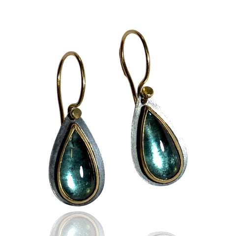 Double Tourmaline Crystals Ocean Blue and Green Dangle Earrings