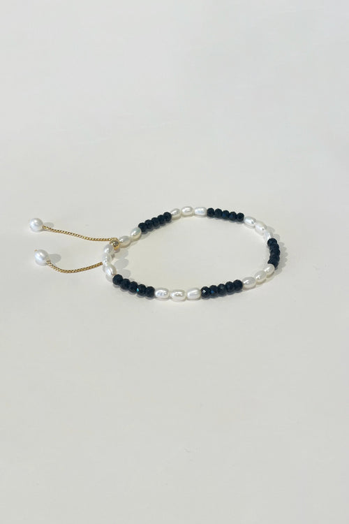 B&W Rice Freshwater Pearls and Black Spinel Adjustable Gold-Filled Chain Bracelet