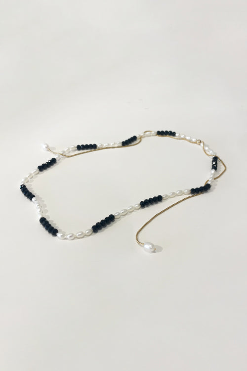 B&W Rice Freshwater Pearls and Black spinel Adjustable Gold-Filled Chain Necklace