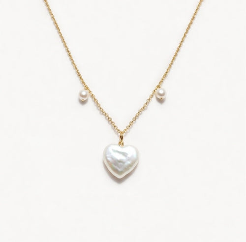 Heart Necklace with Rare White Freshwater Heart Shape Pearl and Two Small White Pearls